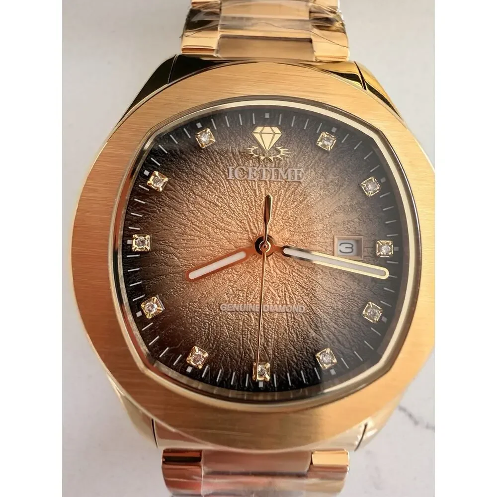 NEW IceTime 42mm Hollywood Yellow Dial YG Steel Men's Watch 0.10ct Diamonds